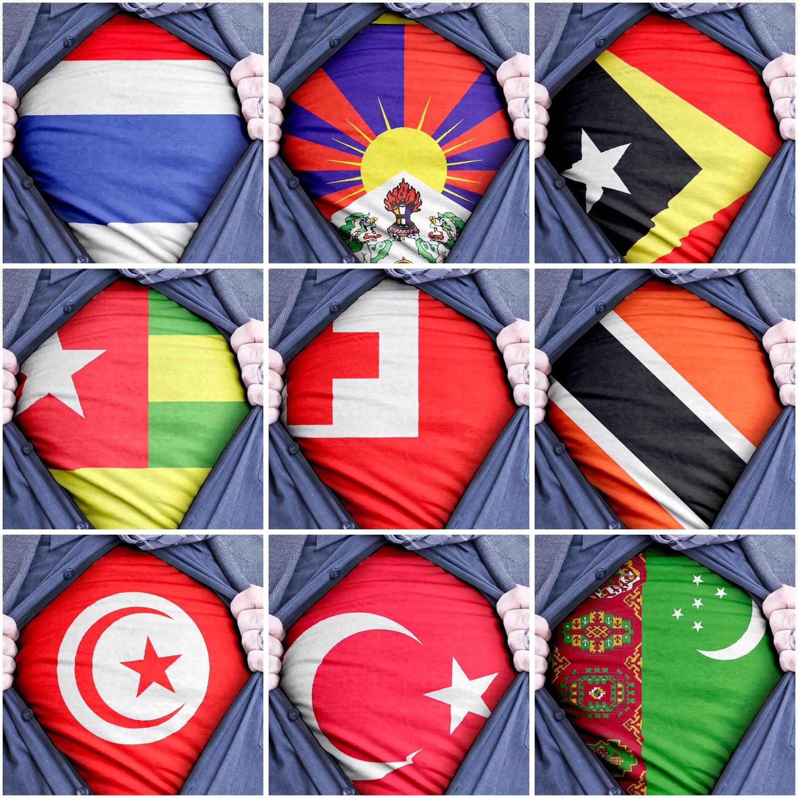A collection of ripping shirts showing printed flags of different countries