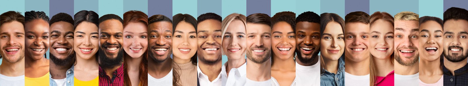 Different Faces Collage. Smiling Multiethnic Ladies And Men Looking At Camera, Row Of Portraits On Blue Studio Backgrounds. Collection Of Beautiful Human Headshots. Panorama