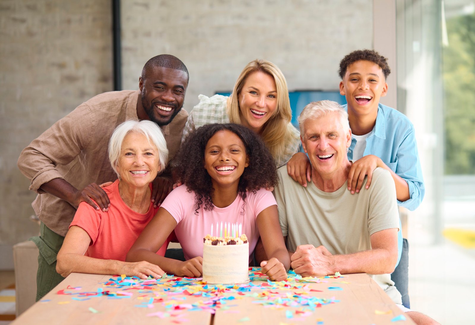 Portrait Of Three Generation Family At Home Celebrating Teenage Daughter's Birthday With Cake