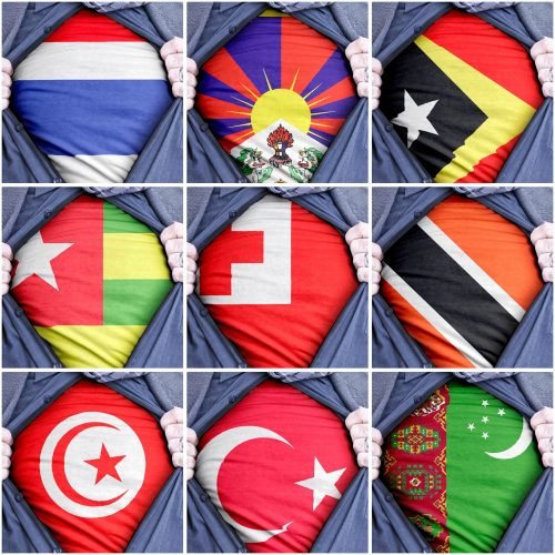 A collection of ripping shirts showing printed flags of different countries