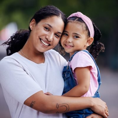 Portrait, mother and kid hug in park, fun day outdoor with love and care, happy people together in .