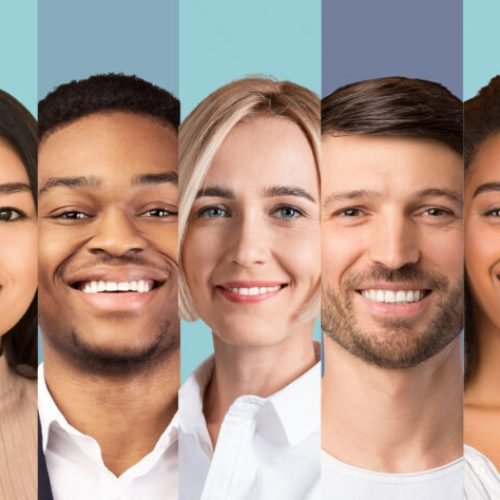 Different Faces Collage. Smiling Multiethnic Ladies And Men Looking At Camera, Row Of Portraits On Blue Studio Backgrounds. Collection Of Beautiful Human Headshots. Panorama